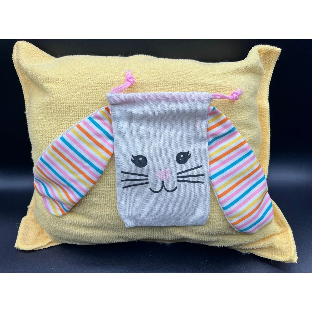 Easter Bunny Terrycloth Pillow Set of 2 Yellow Pink Drawstring‎ Pouch 13x11 in